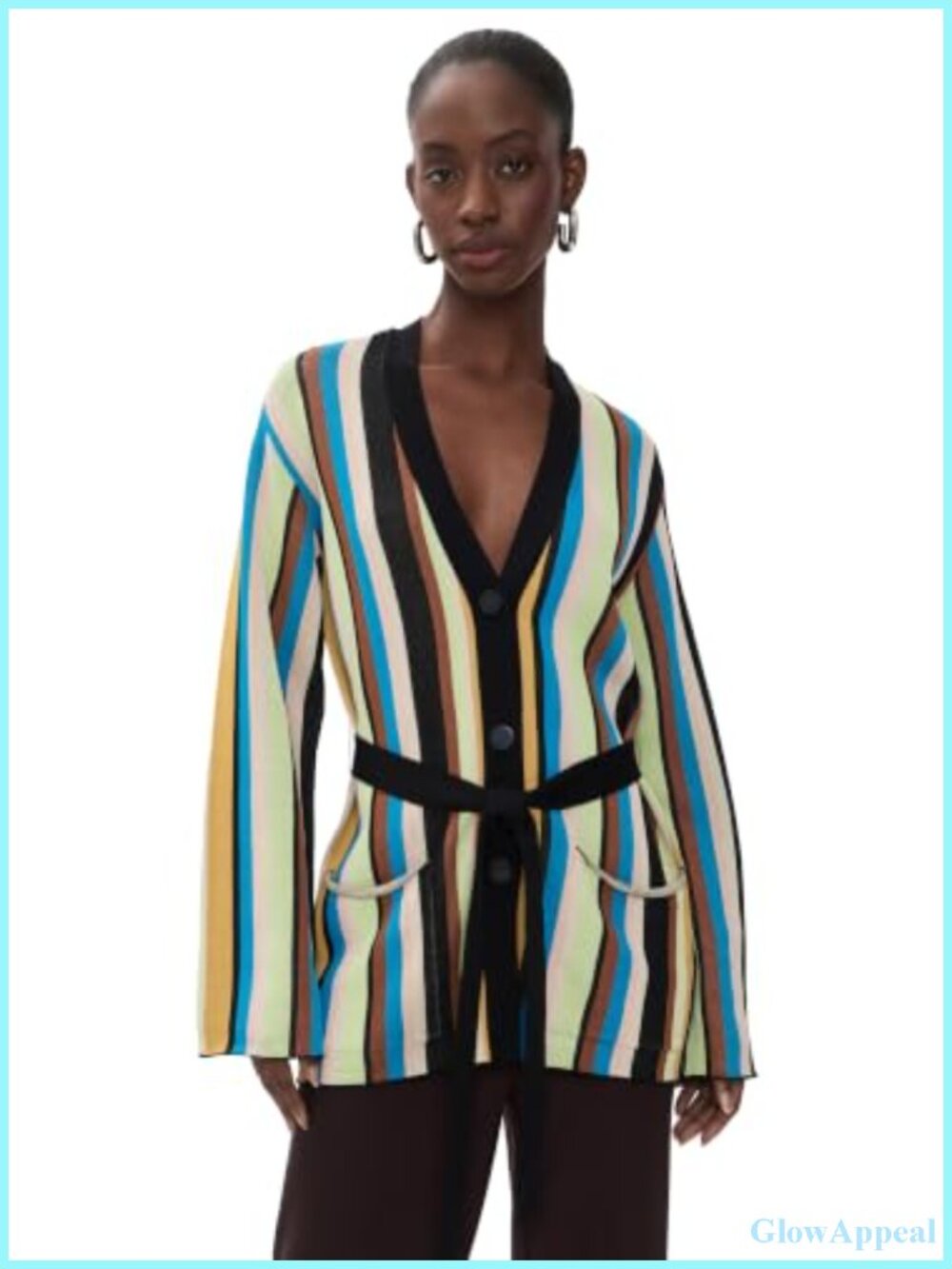 Women's Belted Cardigan Knit V-Neck Patch Pockets Long Sleeve